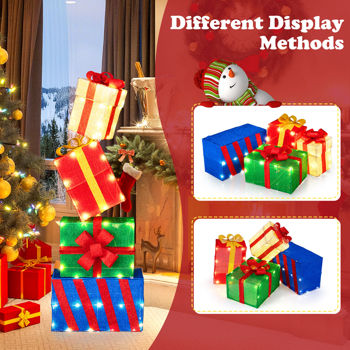 Set of 4 Stackable Christmas Gift Boxes with Bows - Holiday Decor