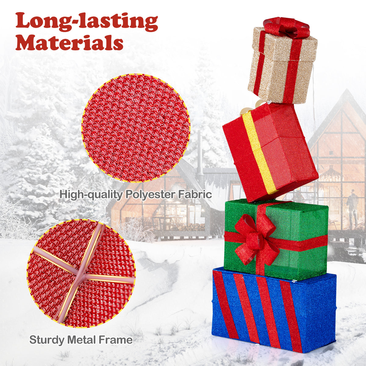 Set of 4 Stackable Christmas Gift Boxes with Bows - Holiday Decor