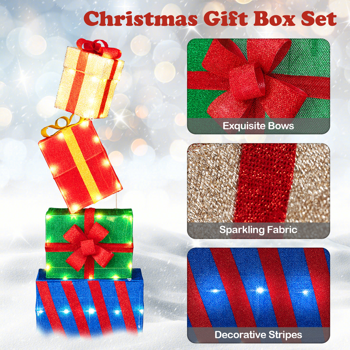 Set of 4 Stackable Christmas Gift Boxes with Bows - Holiday Decor