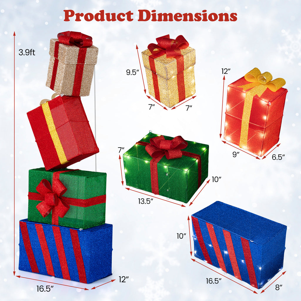 Set of 4 Stackable Christmas Gift Boxes with Bows - Holiday Decor