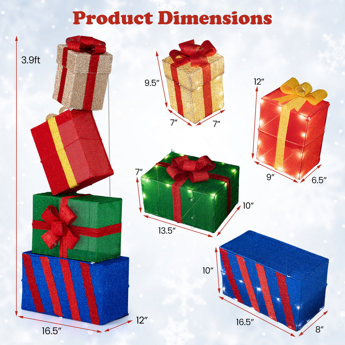 Set of 4 Stackable Christmas Gift Boxes with Bows - Holiday Decor