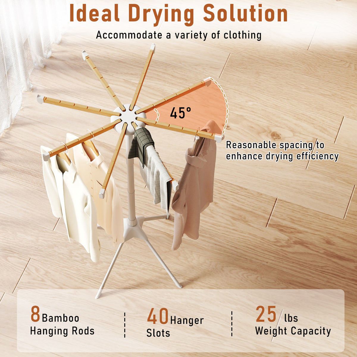 Foldable Clothes Drying Rack - 8 Bamboo Hanging Rods & Slots
