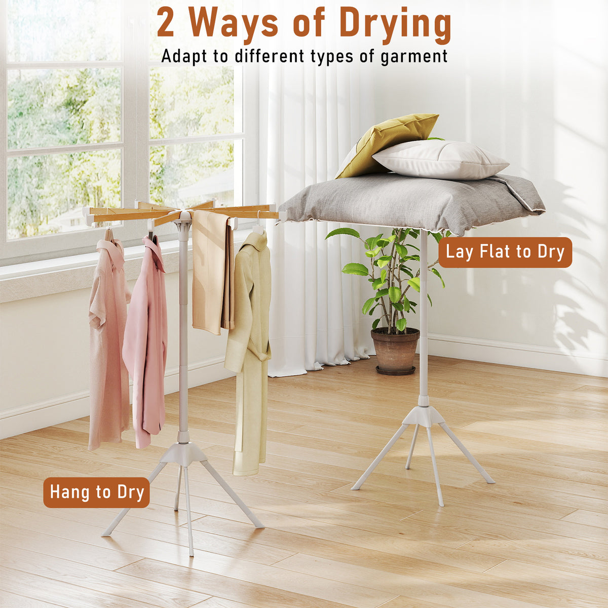 Foldable Clothes Drying Rack - 8 Bamboo Hanging Rods & Slots