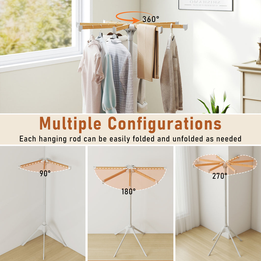 Foldable Clothes Drying Rack - 8 Bamboo Hanging Rods & Slots