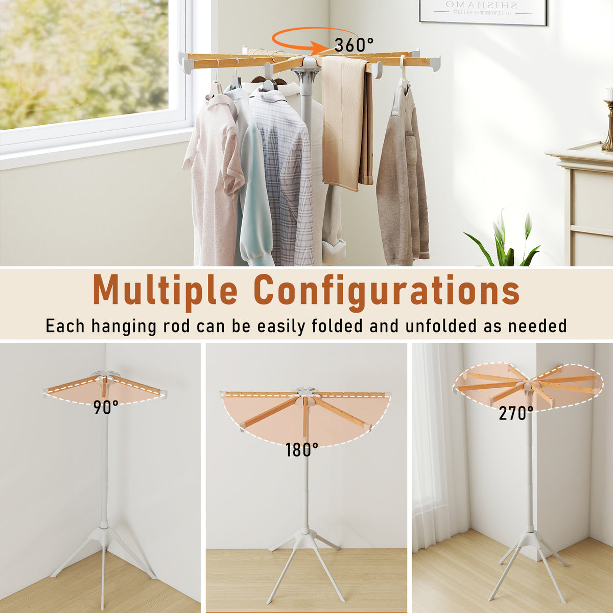 Foldable Clothes Drying Rack - 8 Bamboo Hanging Rods & Slots