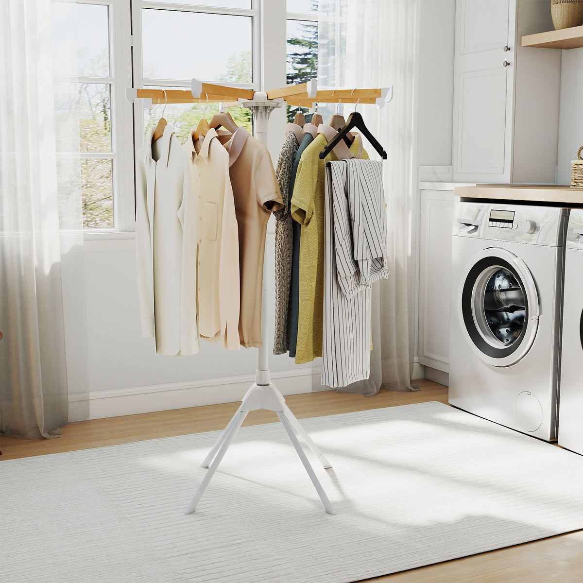 Foldable Clothes Drying Rack - 8 Bamboo Hanging Rods & Slots