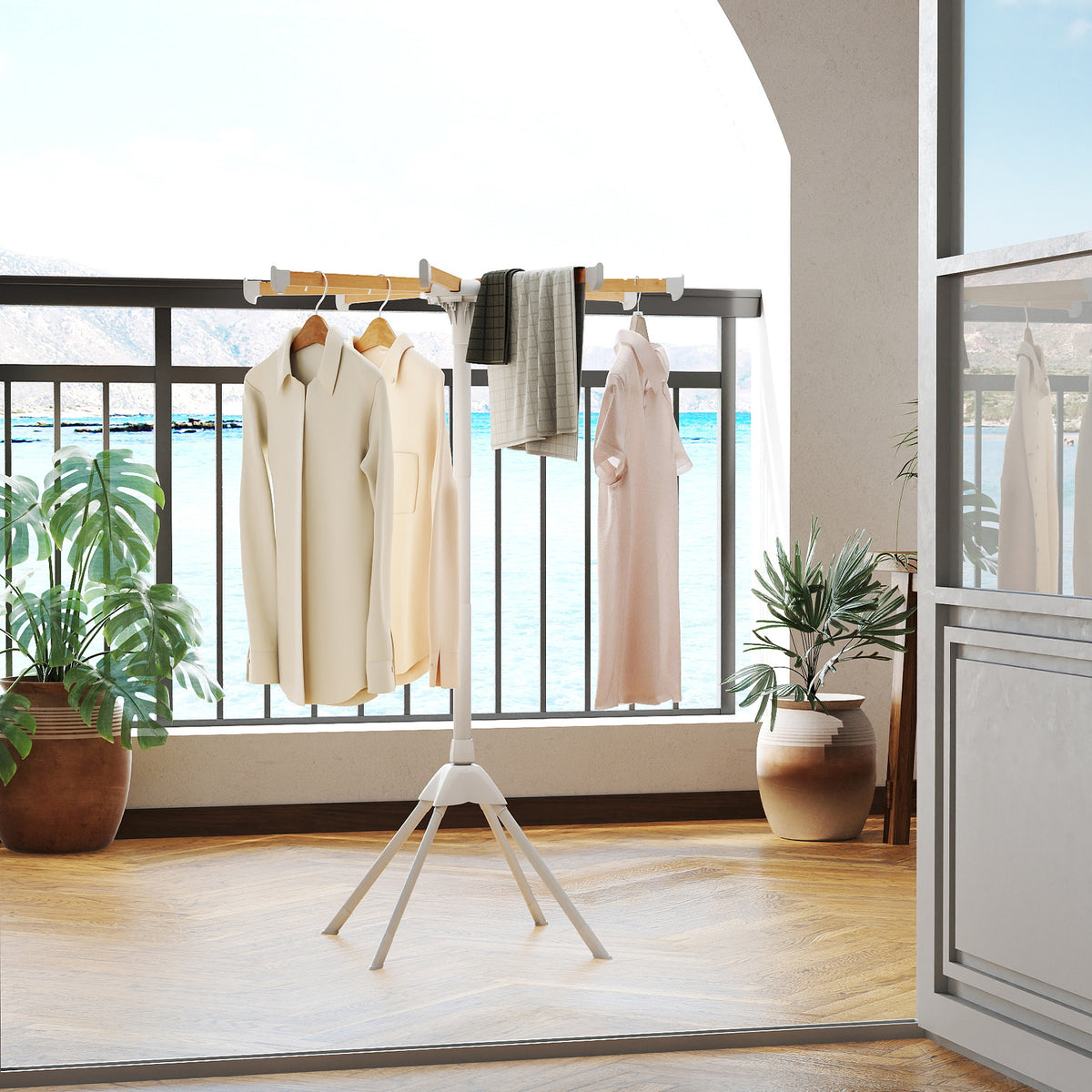 4 Legs Foldable Clothes Drying Rack with 8 Bamboo Hanging Rods and 40