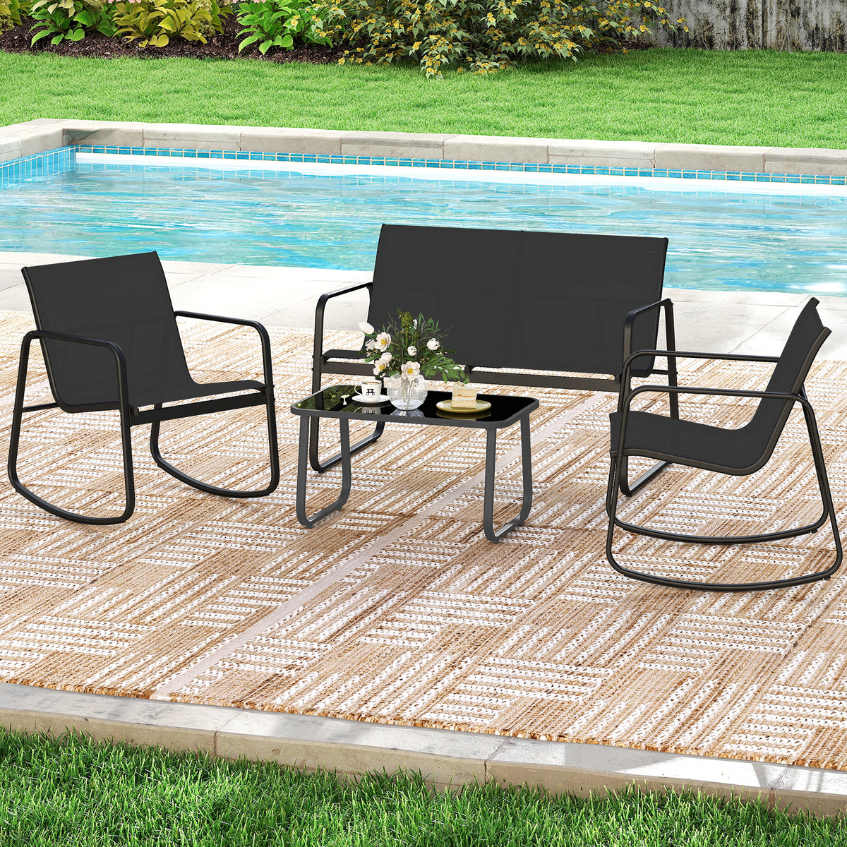 4-Piece Outdoor Rocking Chair Set with Table - Black