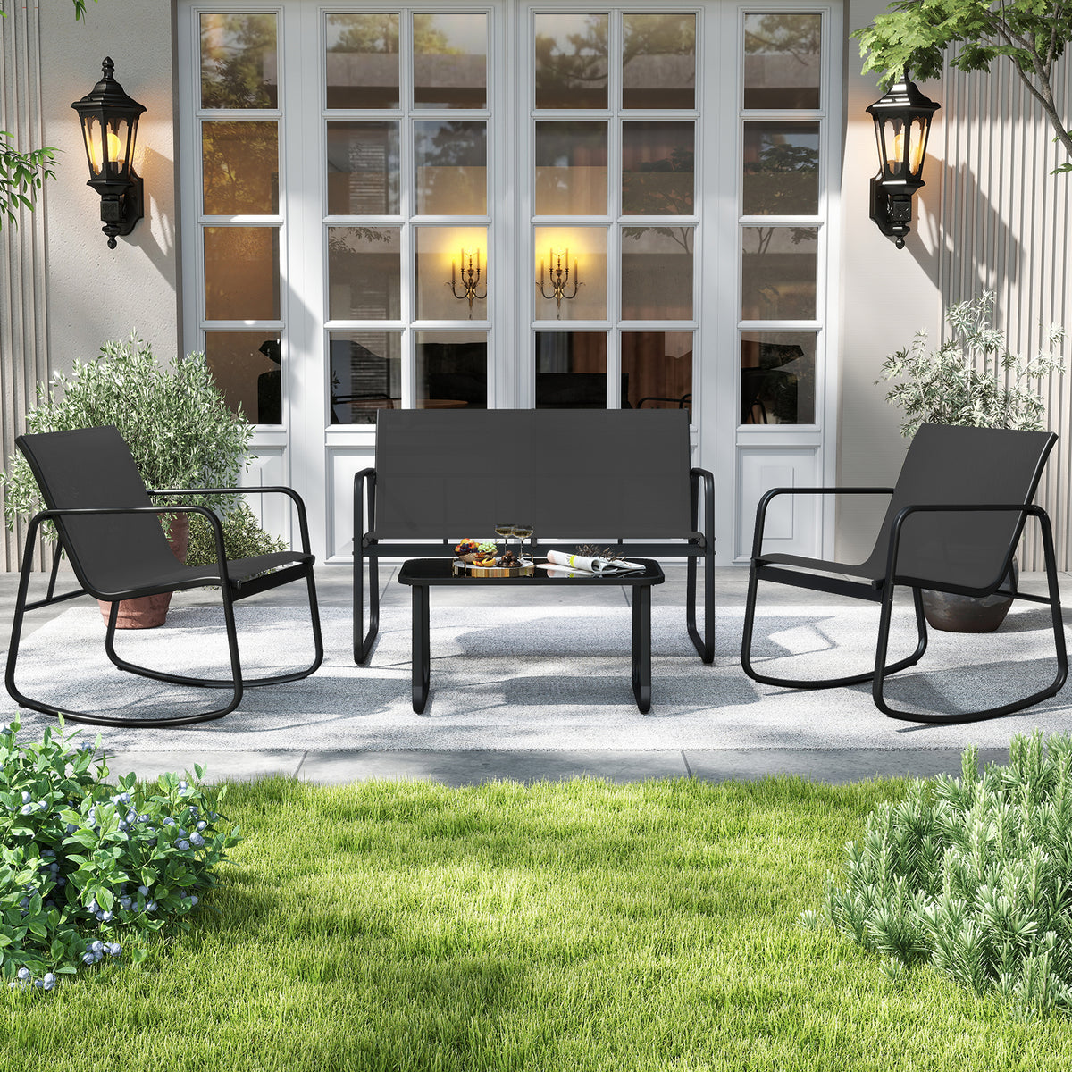 4-Piece Outdoor Rocking Chair Set with Table - Black