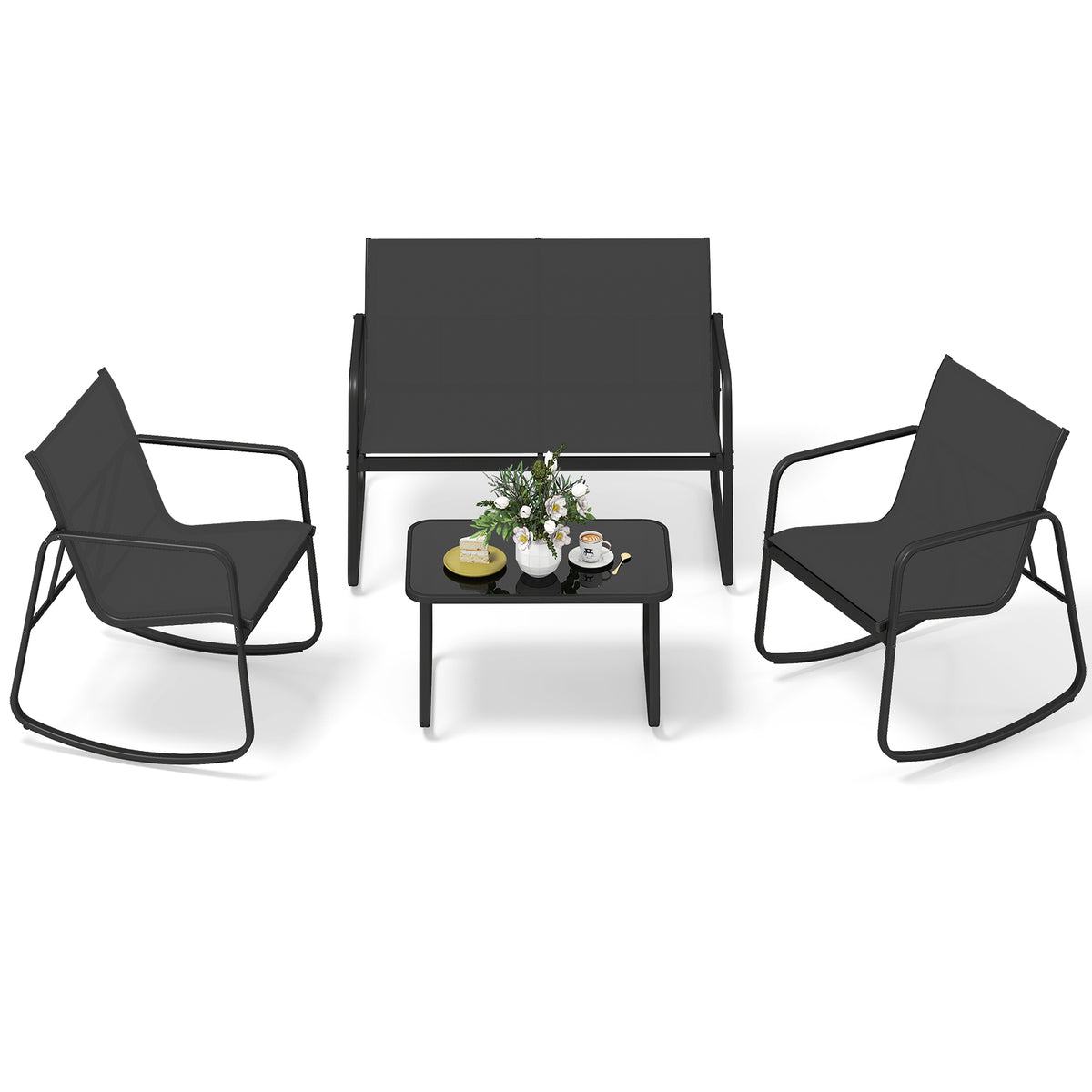 4-Piece Outdoor Rocking Chair Set with Table - Black