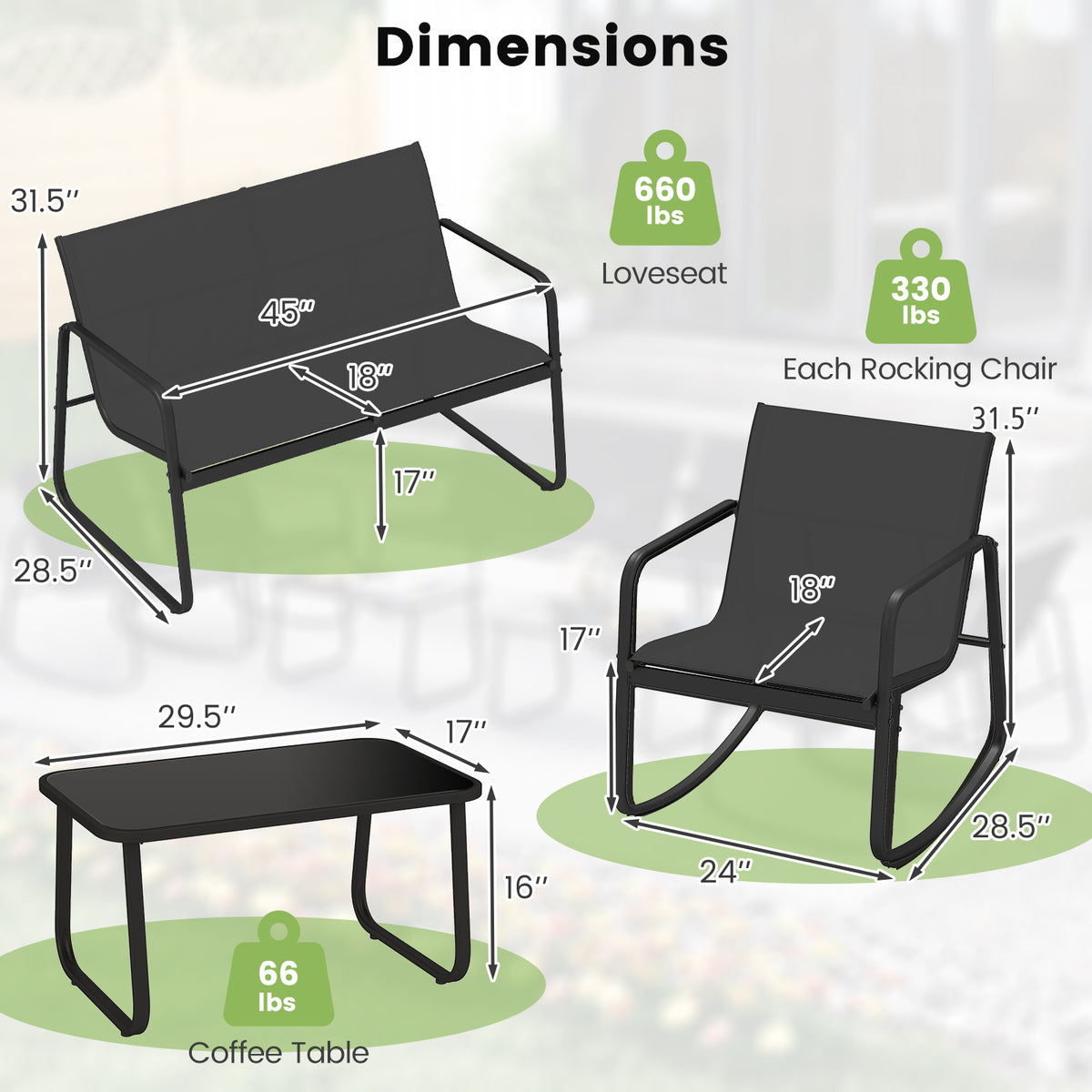 4-Piece Outdoor Rocking Chair Set with Table - Black