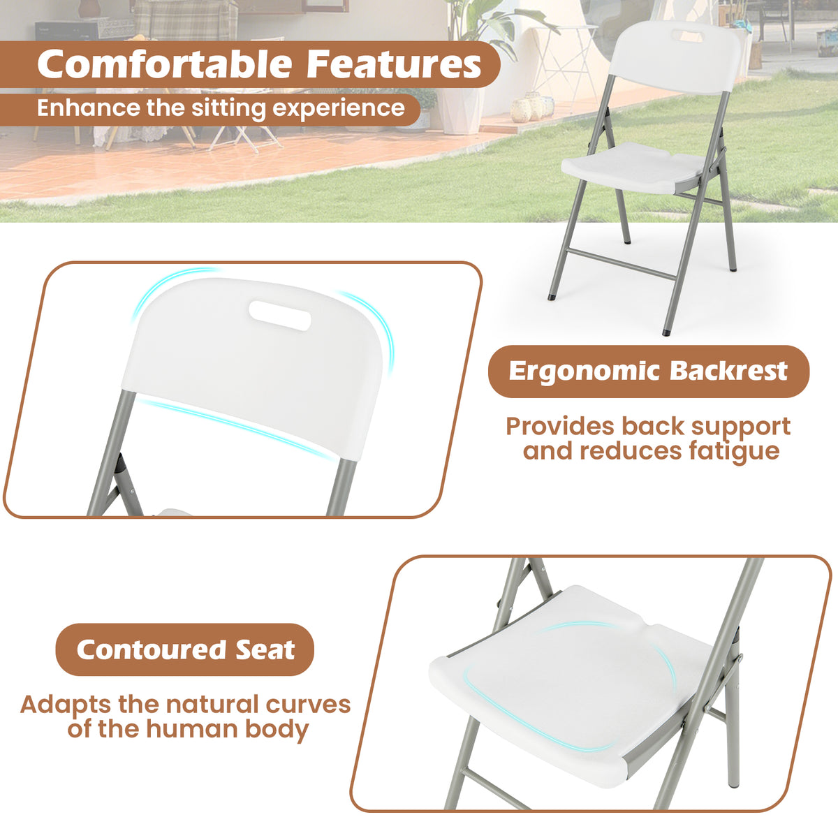 4 Pack Folding Stackable Chairs with Metal Frame – White