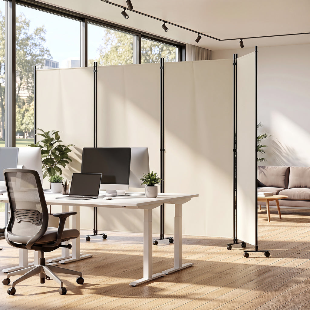 White 4 Panel Folding Privacy Screen Room Divider with Wheels - Costway