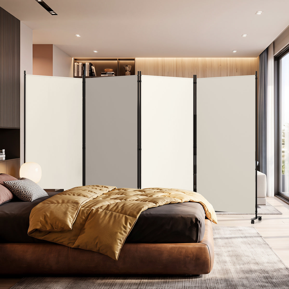 White 4 Panel Folding Privacy Screen Room Divider with Wheels - Costway