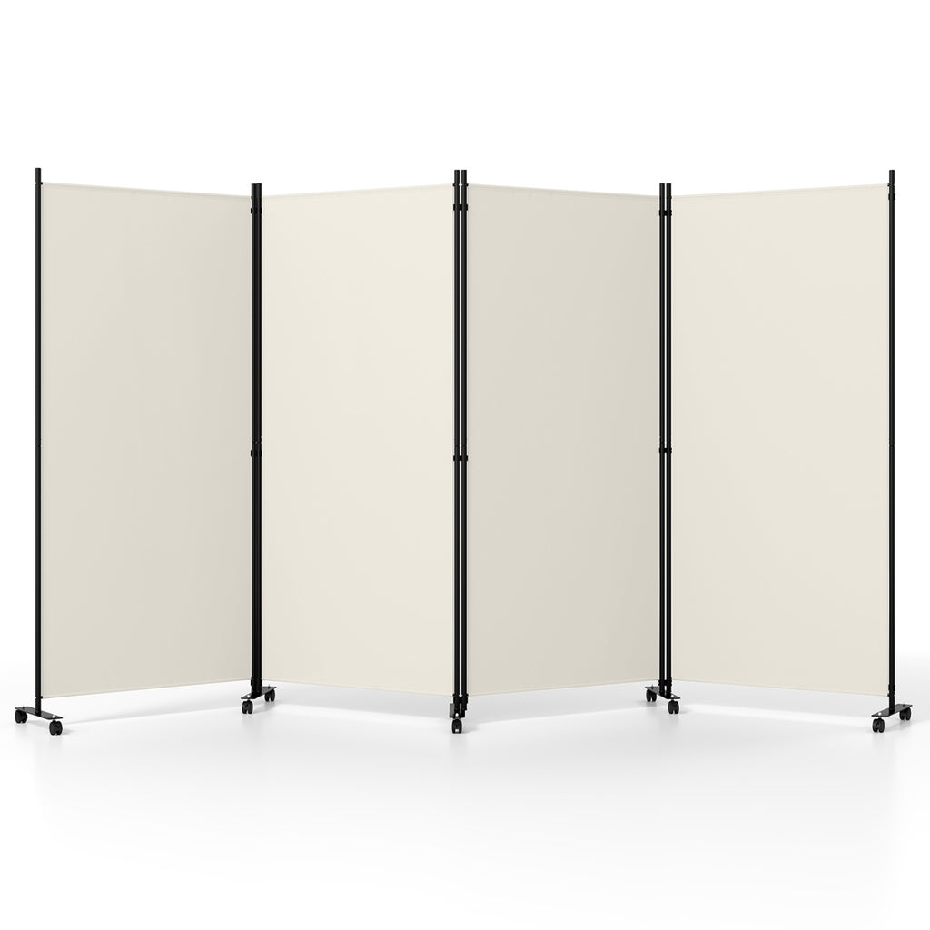 White 4 Panel Folding Privacy Screen Room Divider with Wheels - Costway