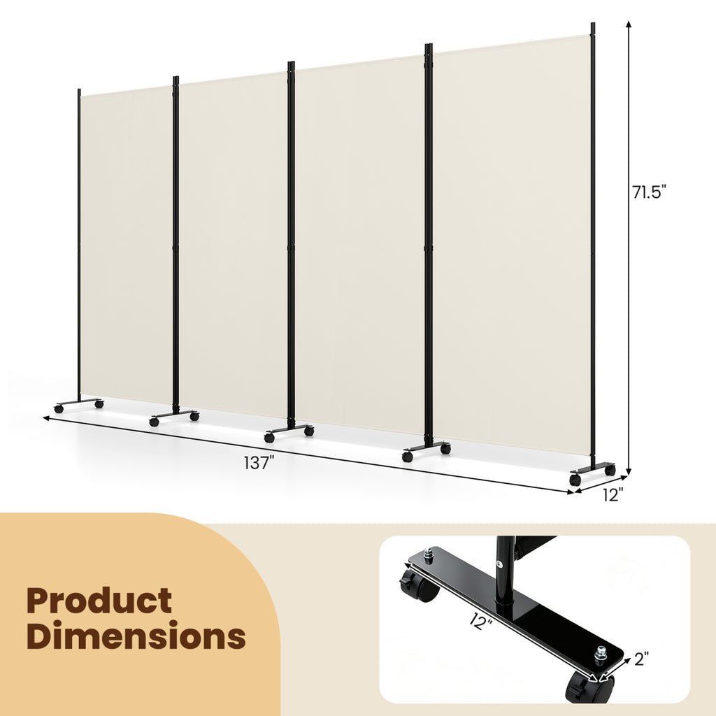 White 4 Panel Folding Privacy Screen Room Divider with Wheels - Costway