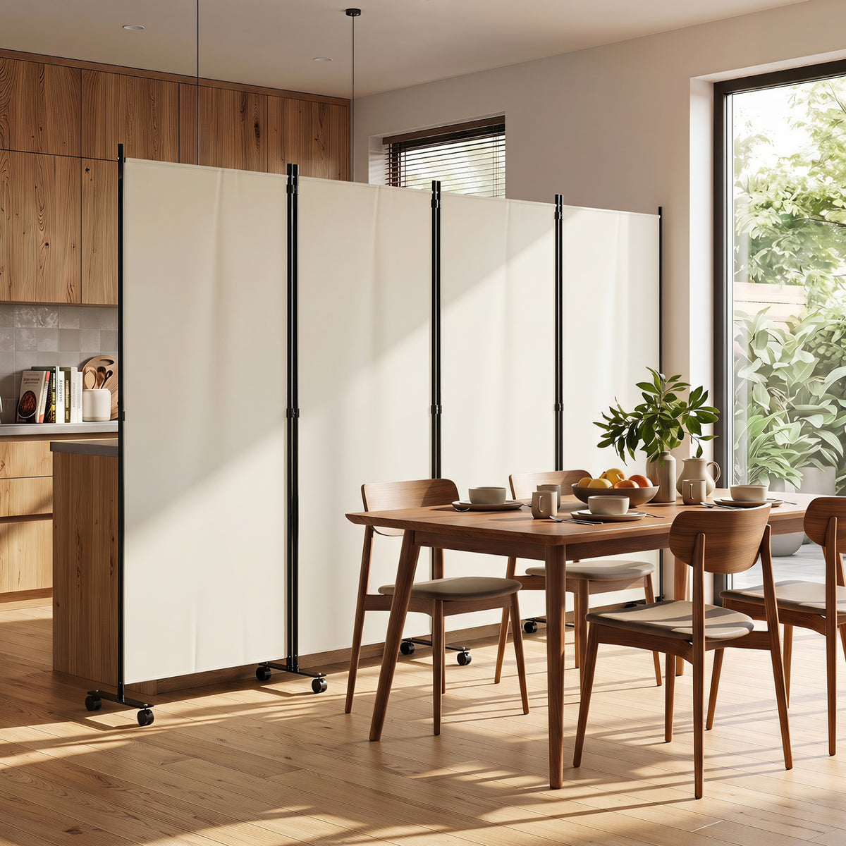 White 4 Panel Folding Privacy Screen Room Divider with Wheels - Costway