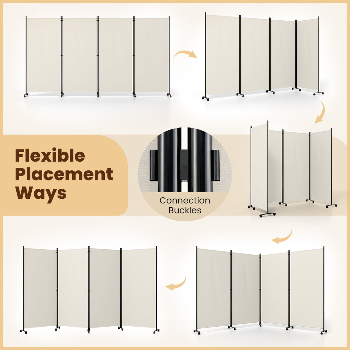 White 4 Panel Folding Privacy Screen Room Divider with Wheels - Costway