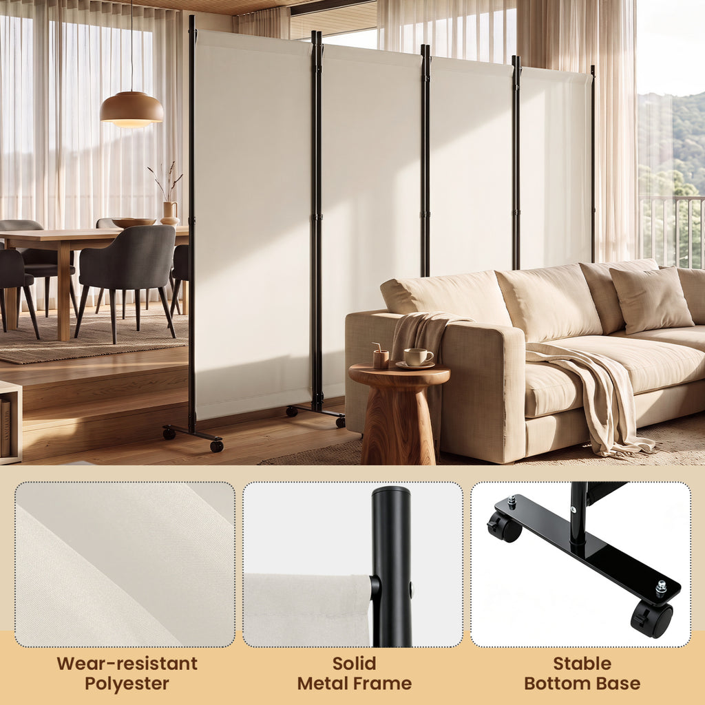 White 4 Panel Folding Privacy Screen Room Divider with Wheels - Costway