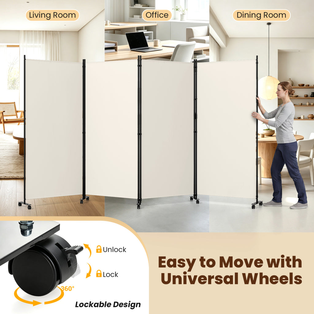 White 4 Panel Folding Privacy Screen Room Divider with Wheels - Costway