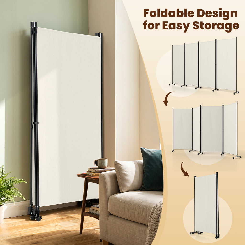 White 4 Panel Folding Privacy Screen Room Divider with Wheels - Costway