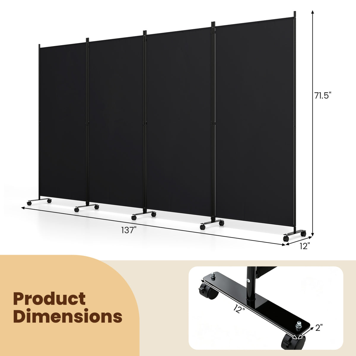 4 Panel Folding Privacy Screen Room Divider with Wheels - Black, Costway