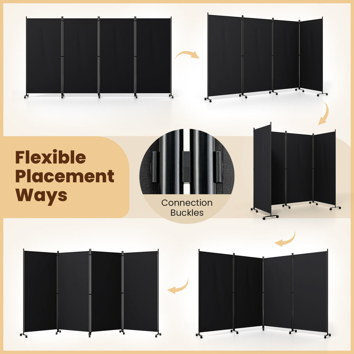 4 Panel Folding Privacy Screen Room Divider with Wheels - Black, Costway