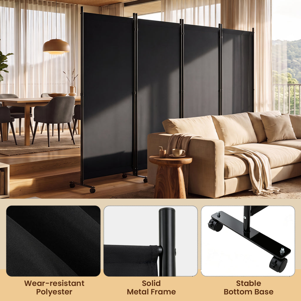 4 Panel Folding Privacy Screen Room Divider with Wheels - Black, Costway