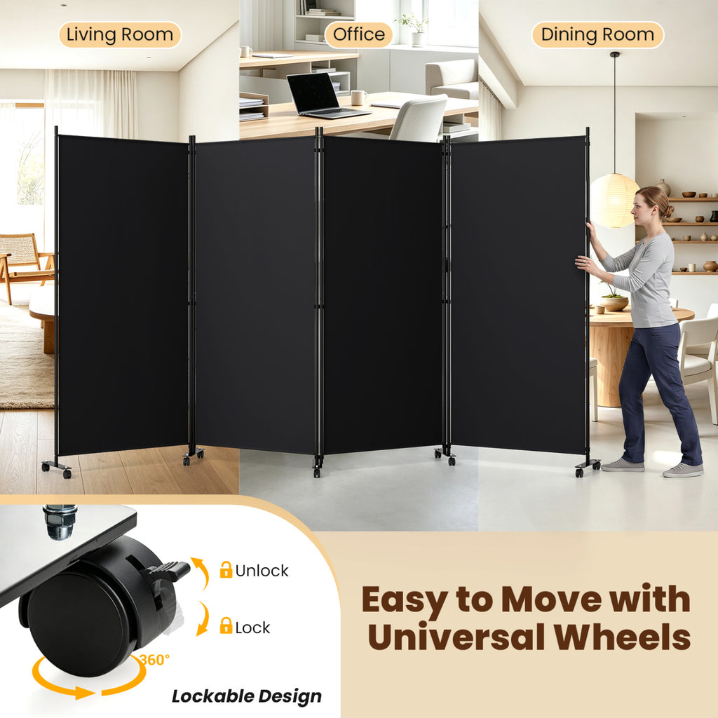 4 Panel Folding Privacy Screen Room Divider with Wheels - Black, Costway