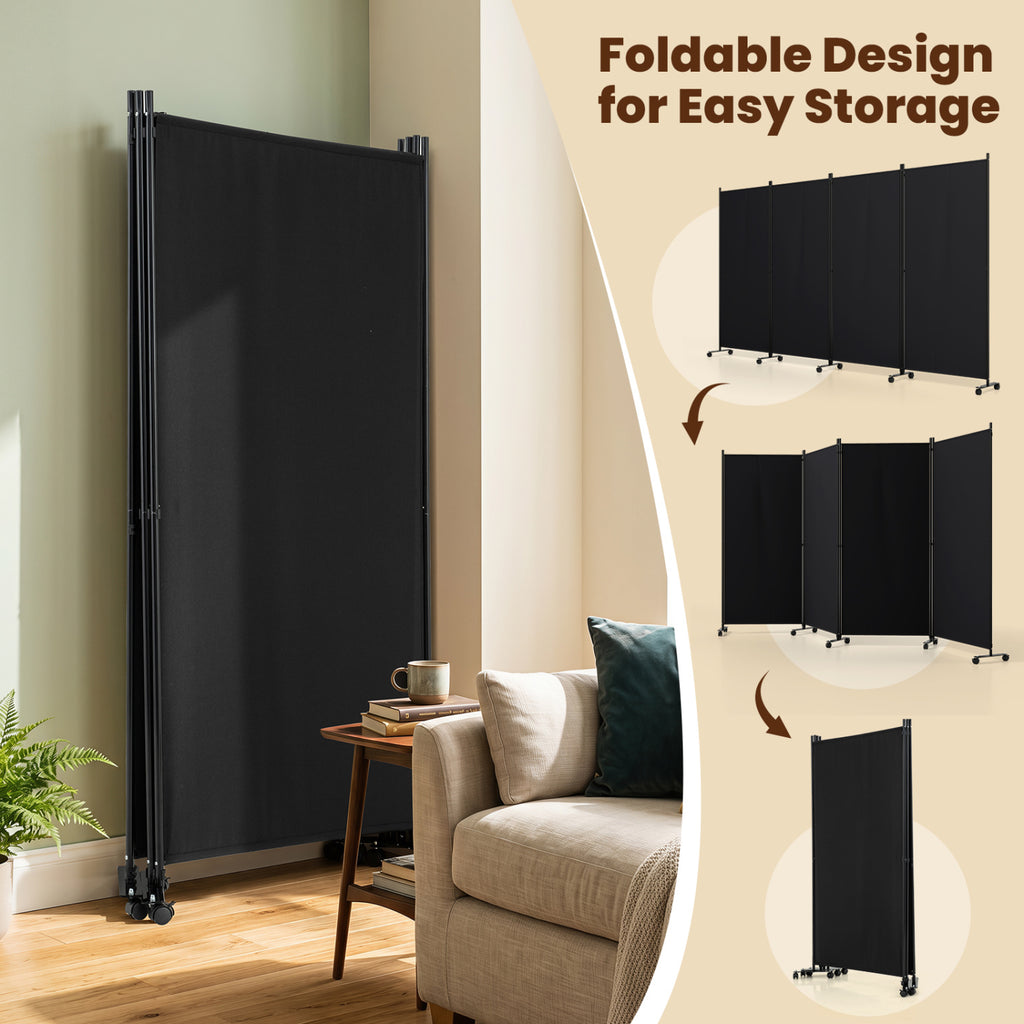4 Panel Folding Privacy Screen Room Divider with Wheels - Black, Costway