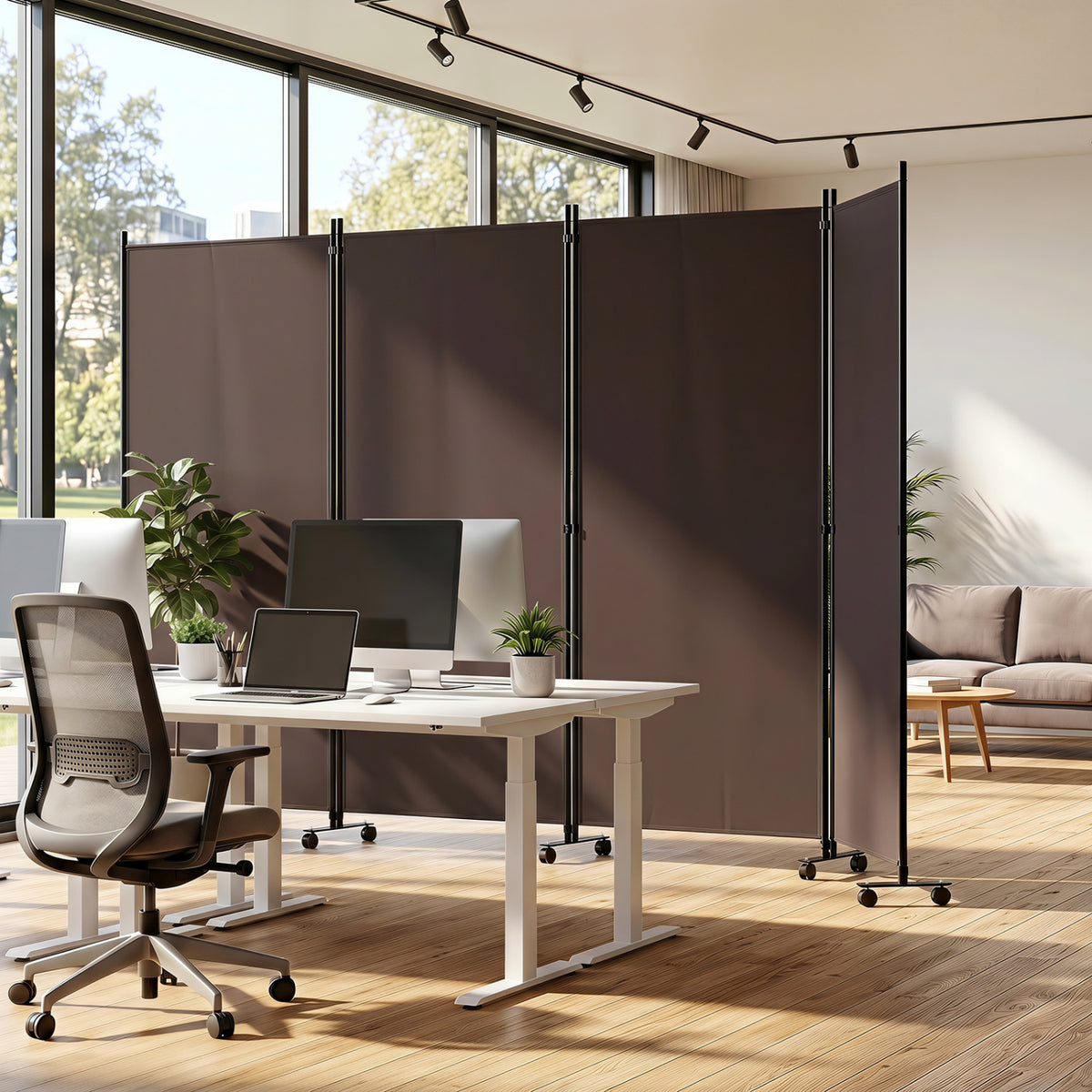 4 Panel Folding Privacy Screen Room Divider with Wheels - Brown