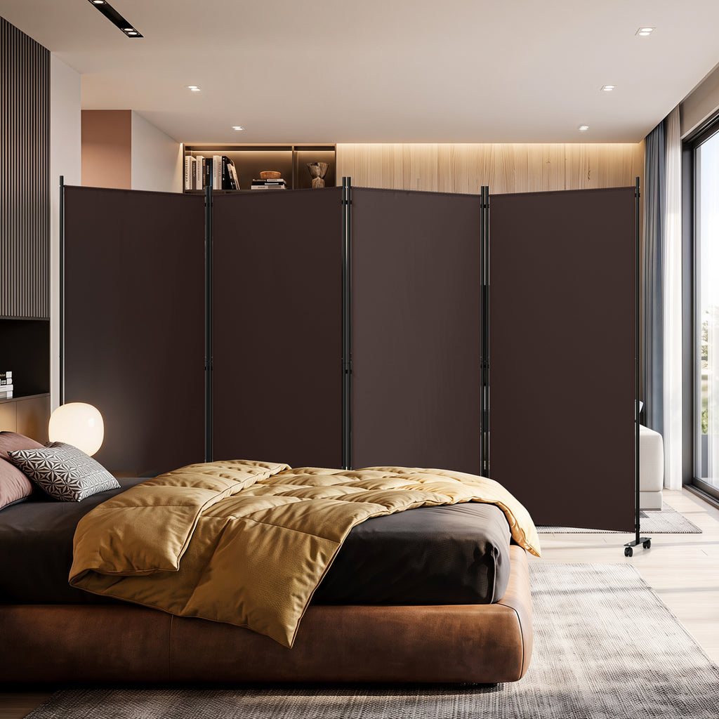 4 Panel Folding Privacy Screen Room Divider with Wheels - Brown