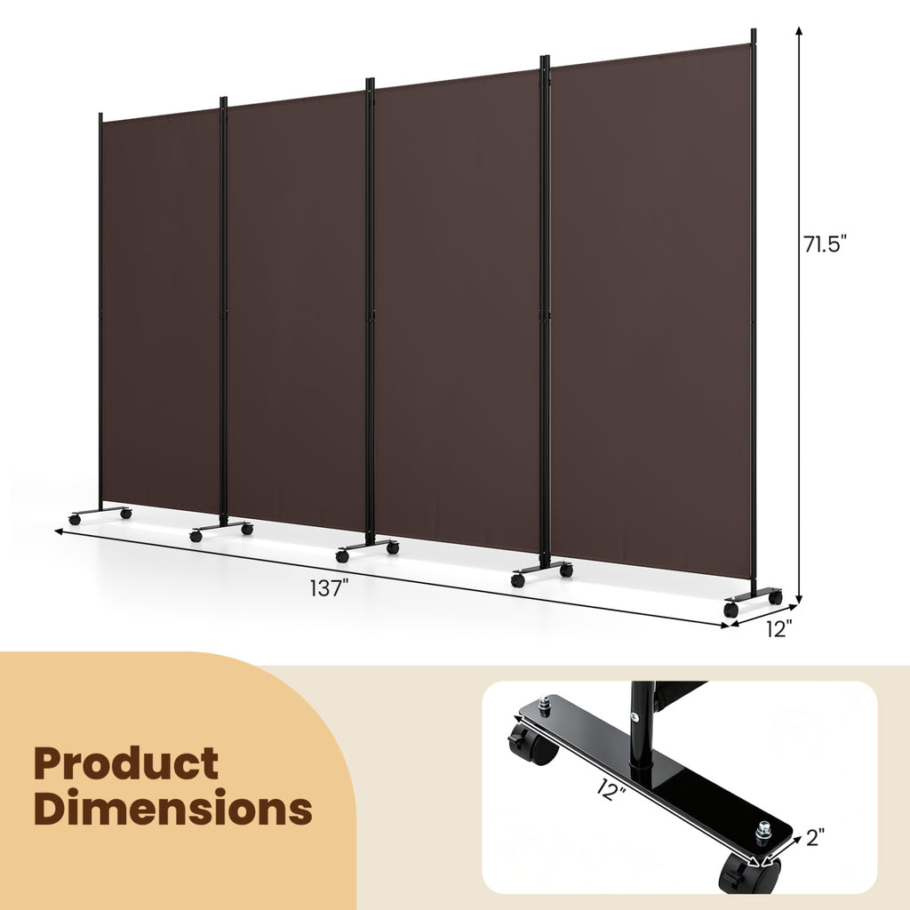 4 Panel Folding Privacy Screen Room Divider with Wheels - Brown
