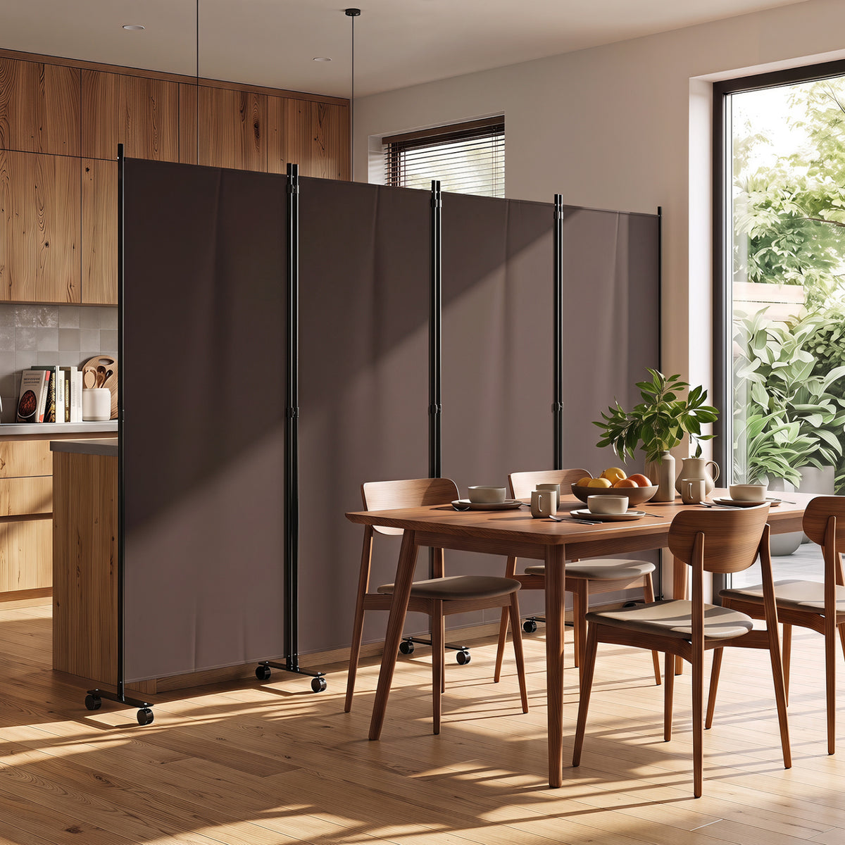 4 Panel Folding Privacy Screen Room Divider with Wheels - Brown