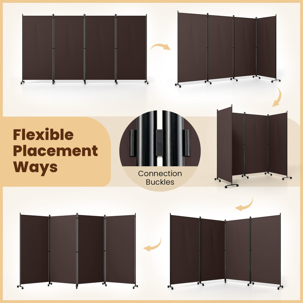 4 Panel Folding Privacy Screen Room Divider with Wheels - Brown