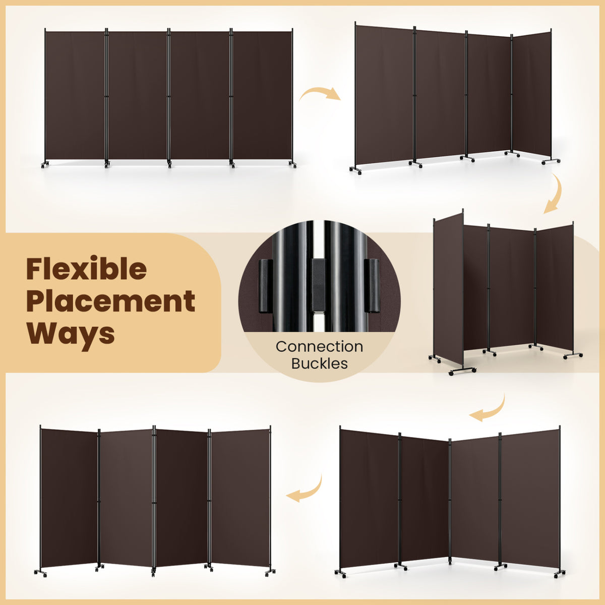 4 Panel Folding Privacy Screen Room Divider with Wheels - Brown