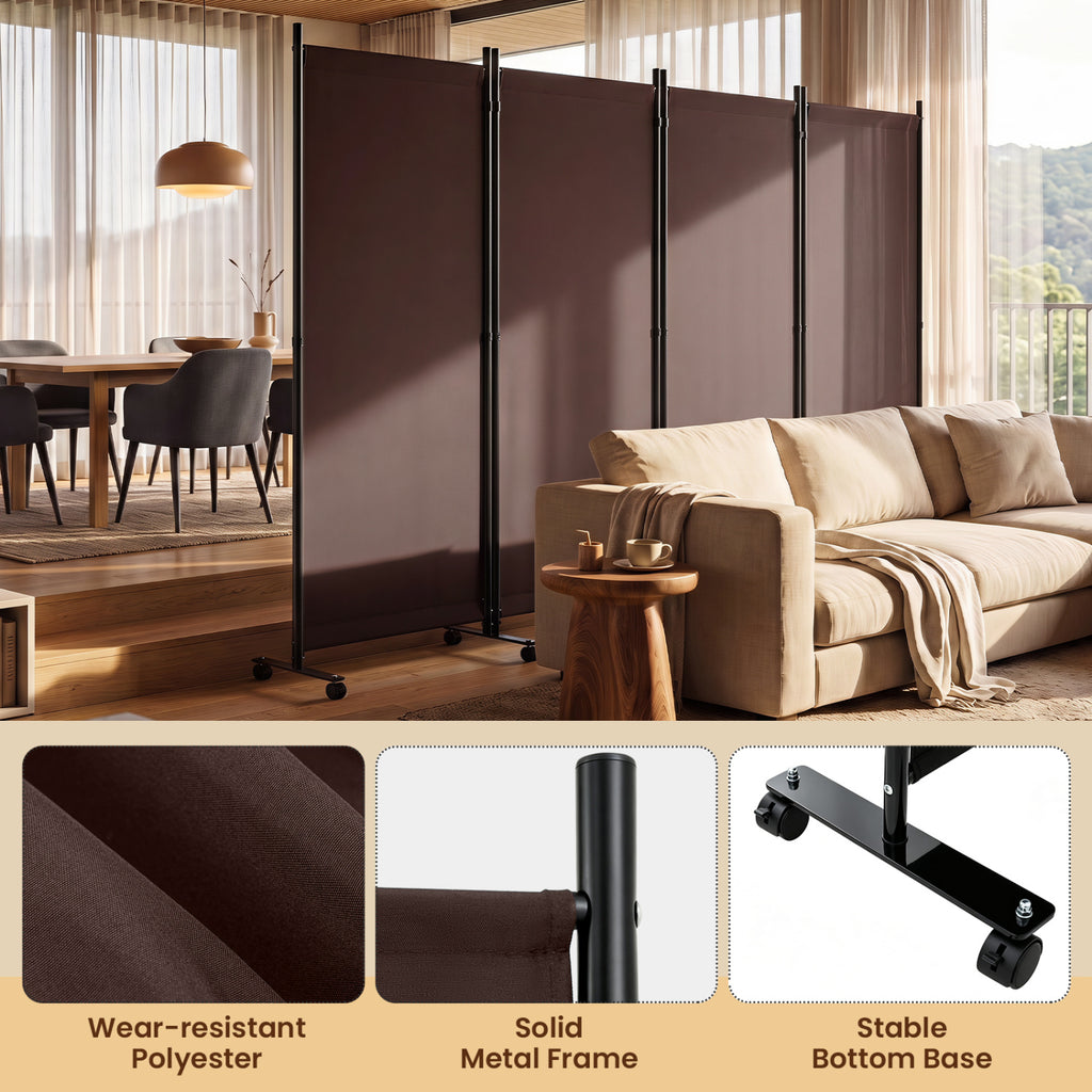 4 Panel Folding Privacy Screen Room Divider with Wheels - Brown
