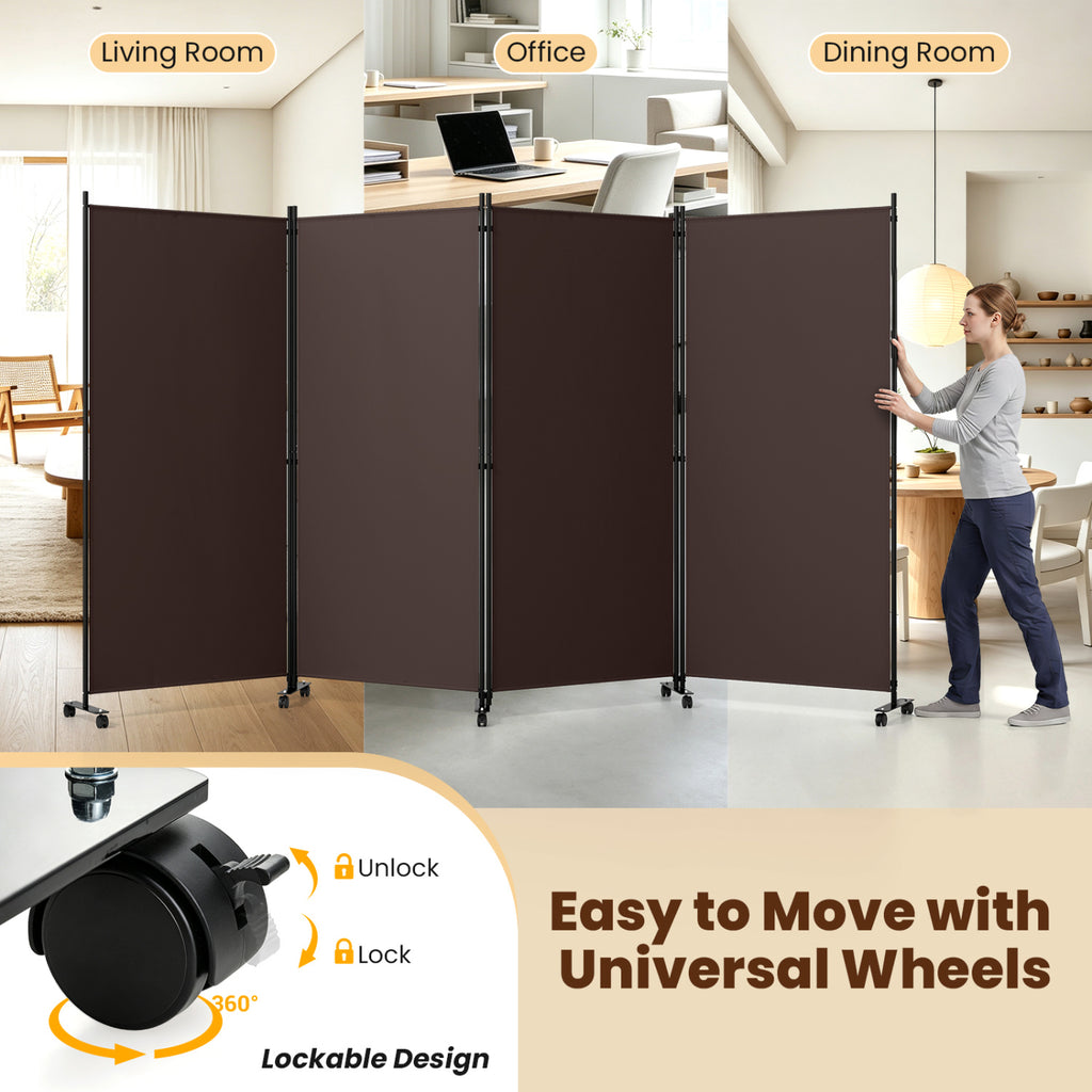 4 Panel Folding Privacy Screen Room Divider with Wheels - Brown
