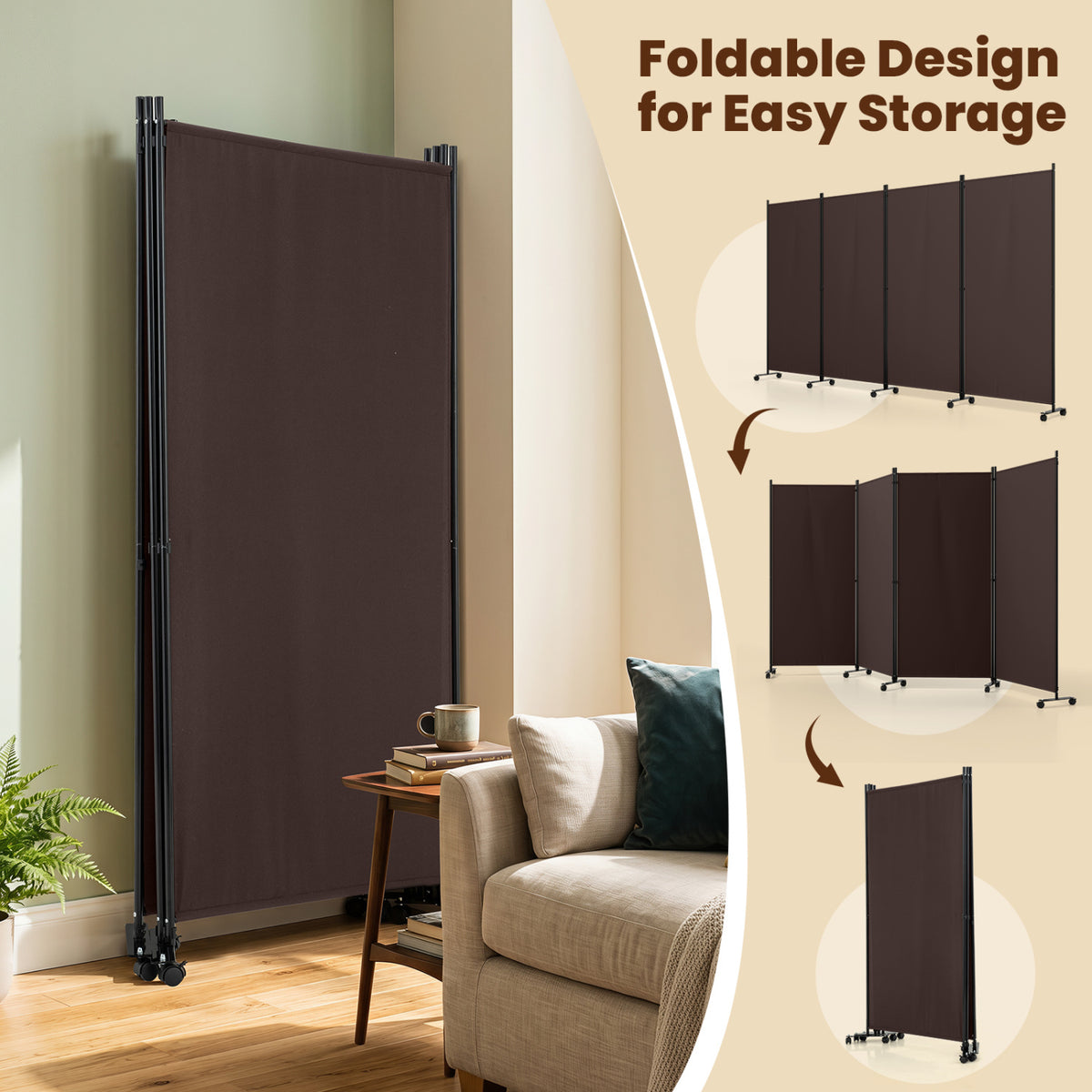 4 Panel Folding Privacy Screen Room Divider with Wheels - Brown