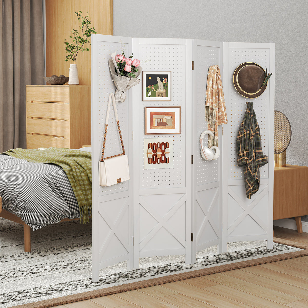 White 4-Panel Pegboard Display Stand Room Divider with Solid Wood Frame