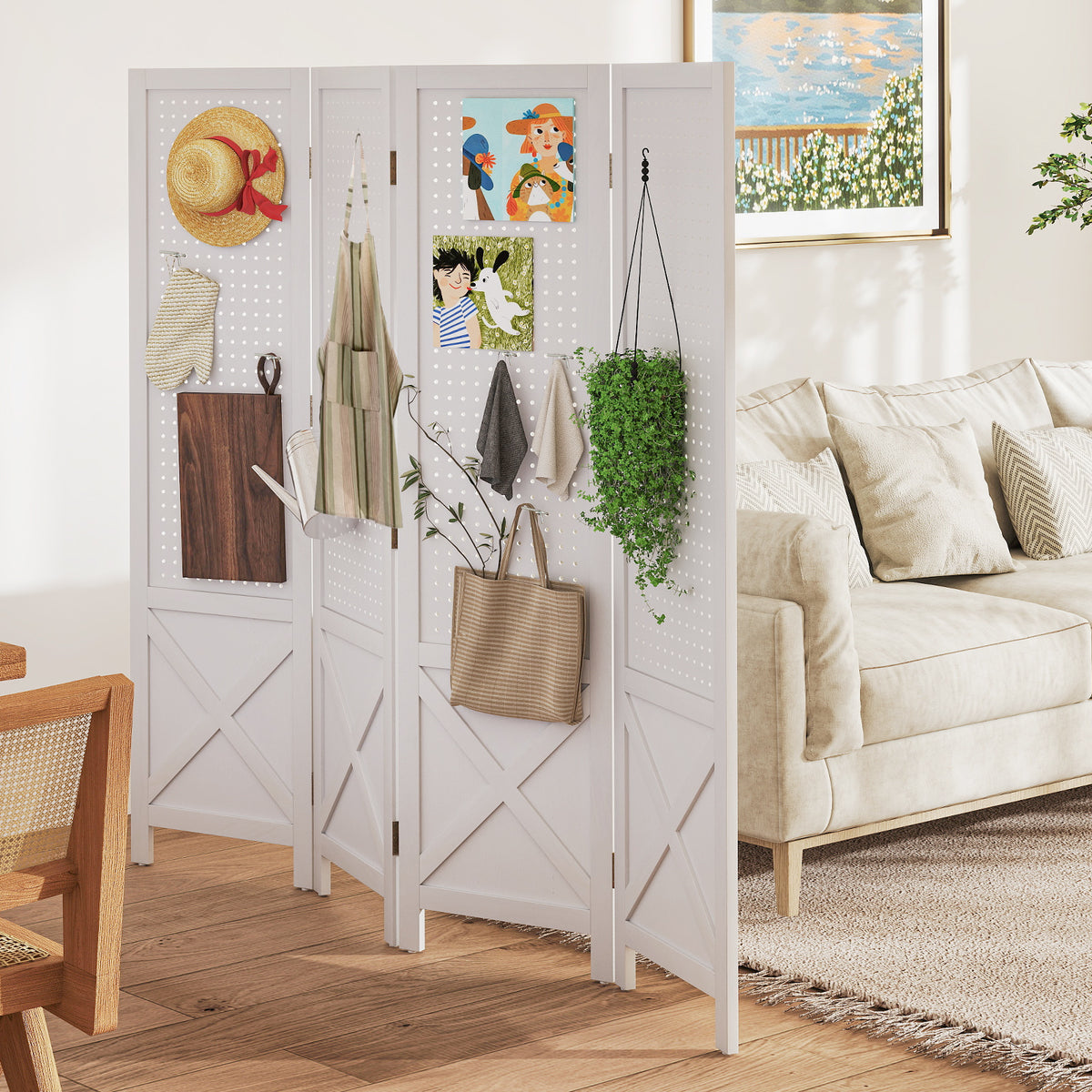 White 4-Panel Pegboard Display Stand Room Divider with Solid Wood Frame