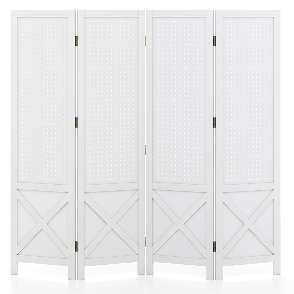 White 4-Panel Pegboard Display Stand Room Divider with Solid Wood Frame