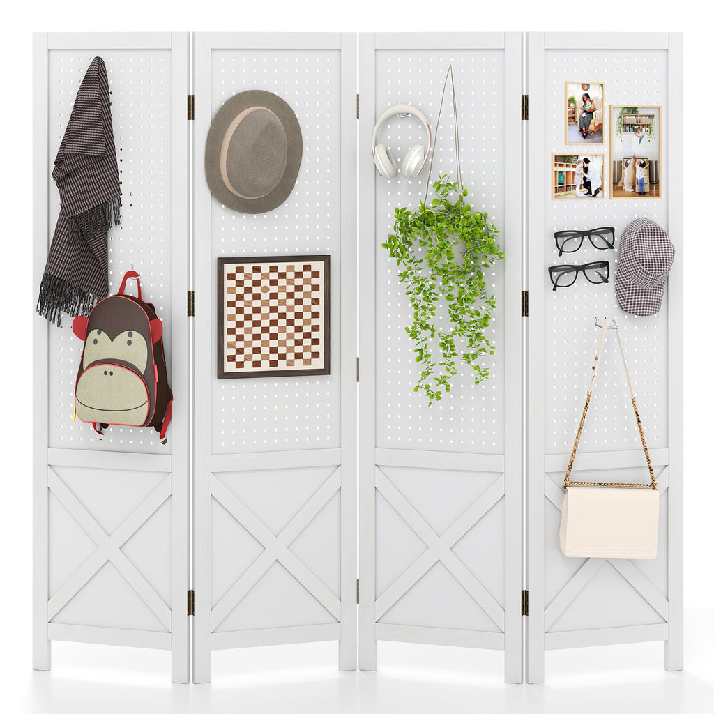 White 4-Panel Pegboard Display Stand Room Divider with Solid Wood Frame