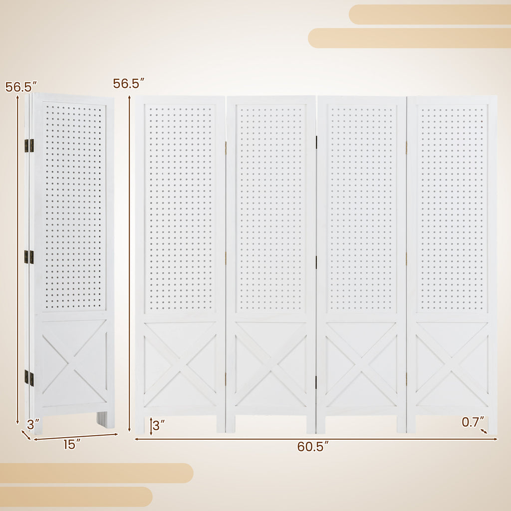 White 4-Panel Pegboard Display Stand Room Divider with Solid Wood Frame