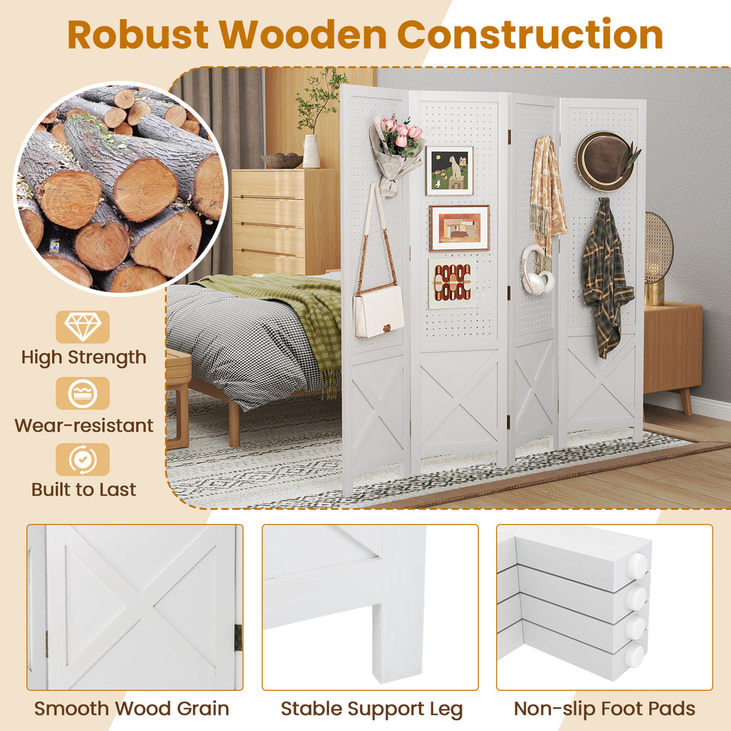 White 4-Panel Pegboard Display Stand Room Divider with Solid Wood Frame