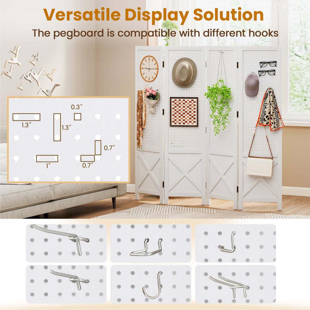 White 4-Panel Pegboard Display Stand Room Divider with Solid Wood Frame