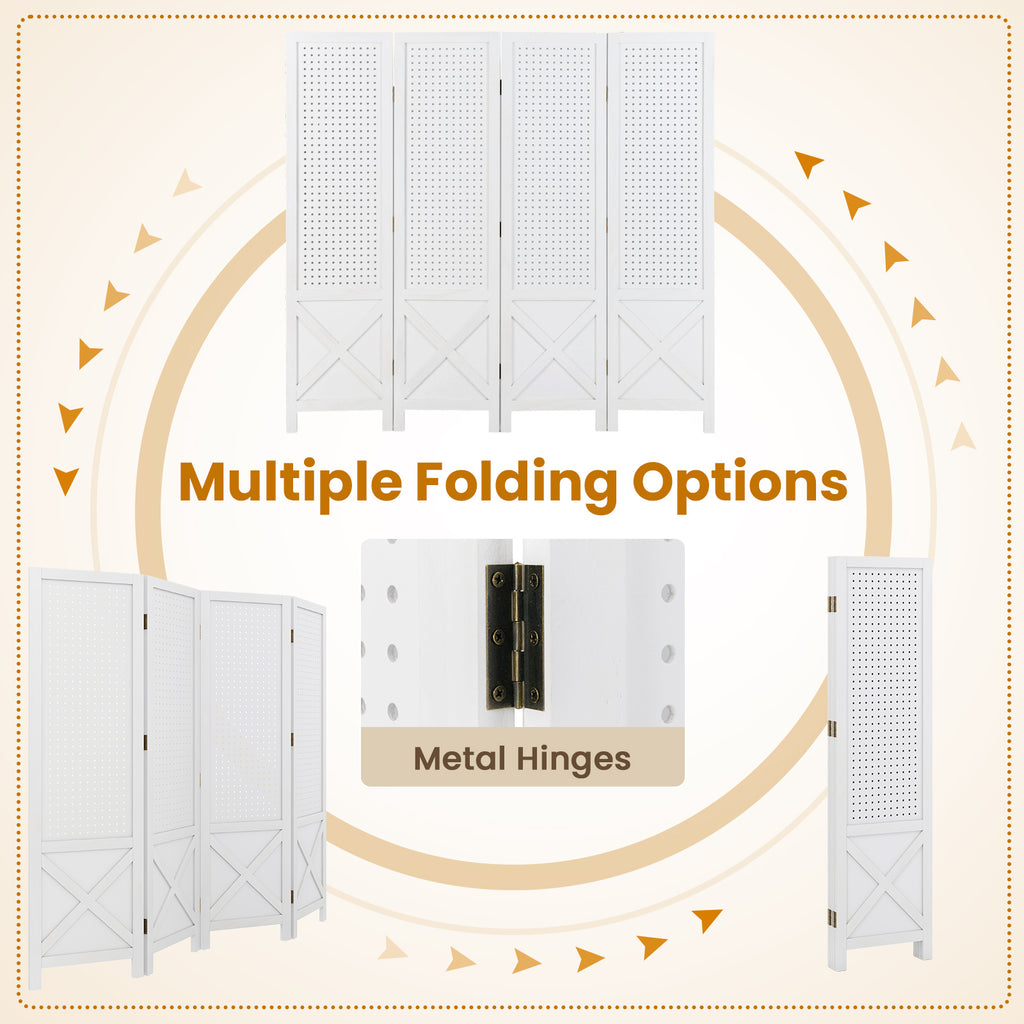 White 4-Panel Pegboard Display Stand Room Divider with Solid Wood Frame