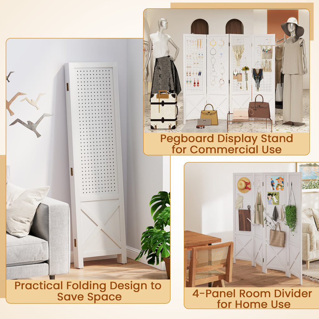 White 4-Panel Pegboard Display Stand Room Divider with Solid Wood Frame