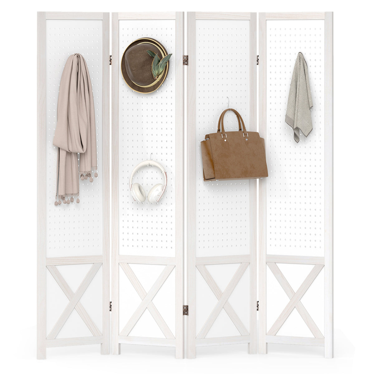 4/6-Panel Pegboard Room Divider - 67 Inches Tall Foldable Privacy Screen - Natural Wood