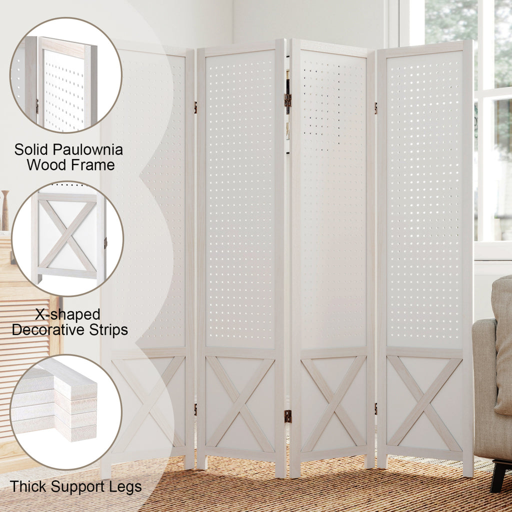 4/6-Panel Pegboard Room Divider - 67 Inches Tall Foldable Privacy Screen - Natural Wood